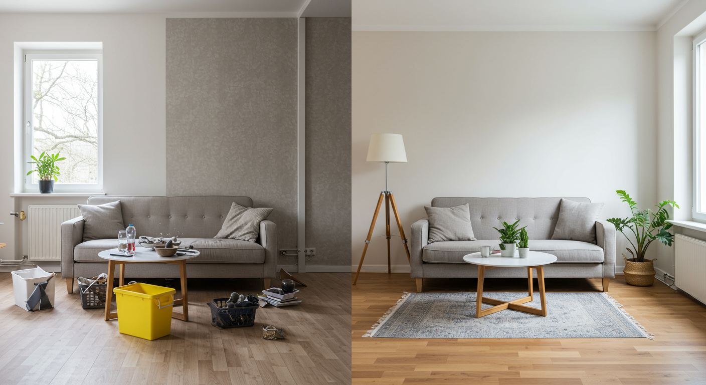 A before-and-after comparison of a living room that has undergone emergency cleaning. The left side shows a cluttered, dirty space, while the right side showcases a spotless, organized room.