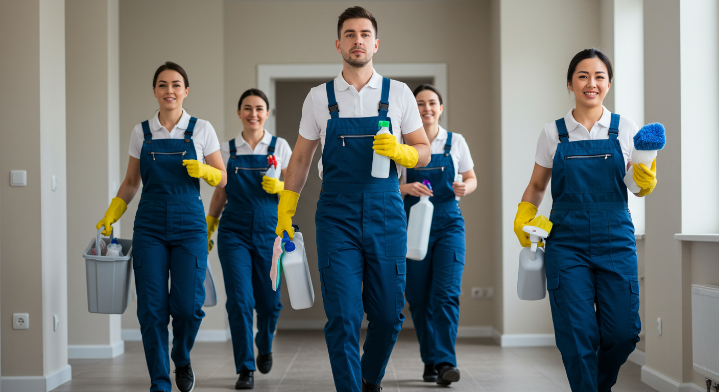 A professional cleaning team in uniforms quickly responding to an emergency situation in a residential home. The team is seen carrying cleaning supplies and equipment, showcasing their readiness to tackle urgent cleaning tasks.