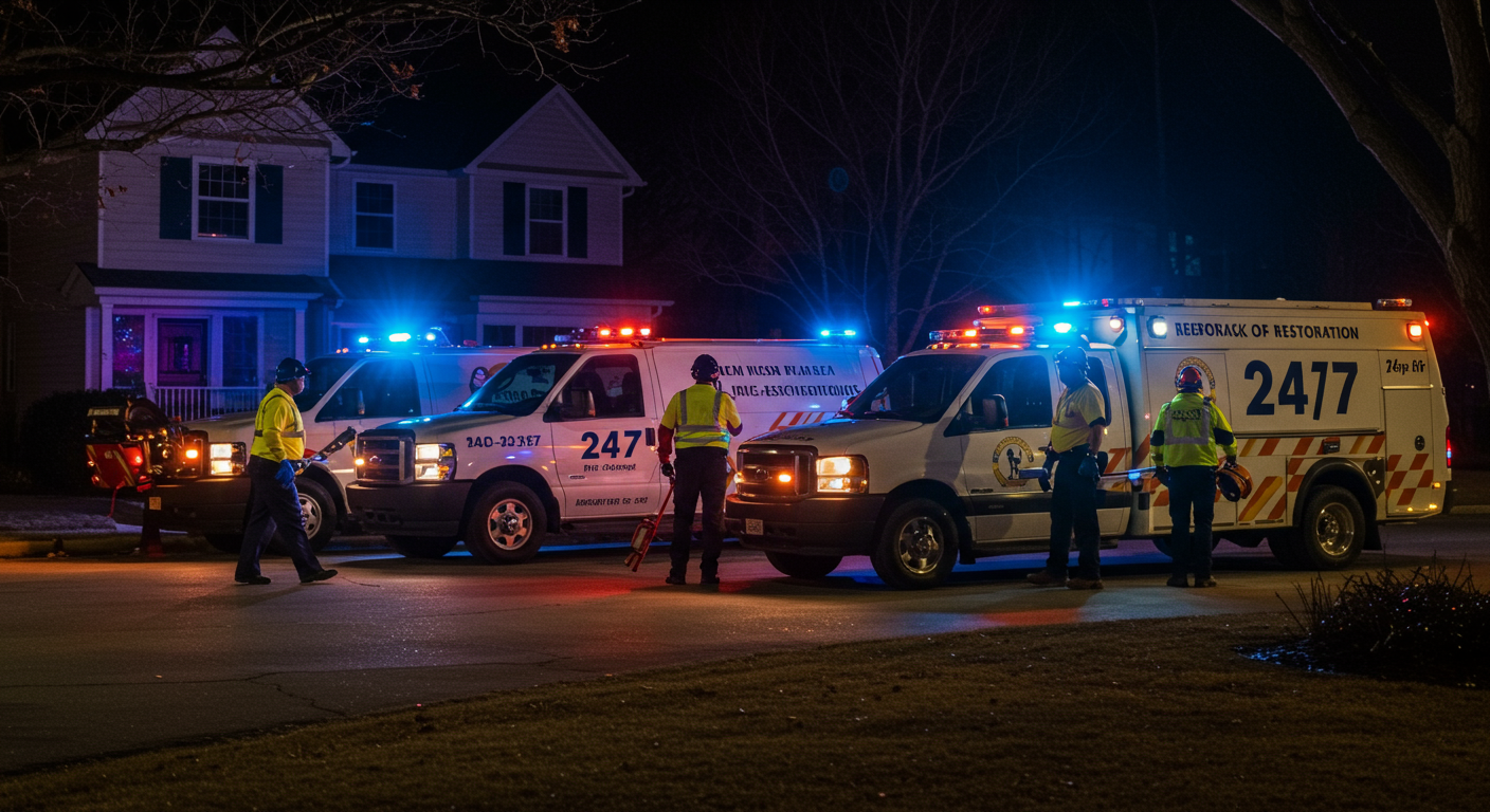 A team of restoration professionals arriving at a property in branded vehicles at night, showcasing their 24/7 availability. The image highlights urgency and readiness with emergency lights and tools visible.