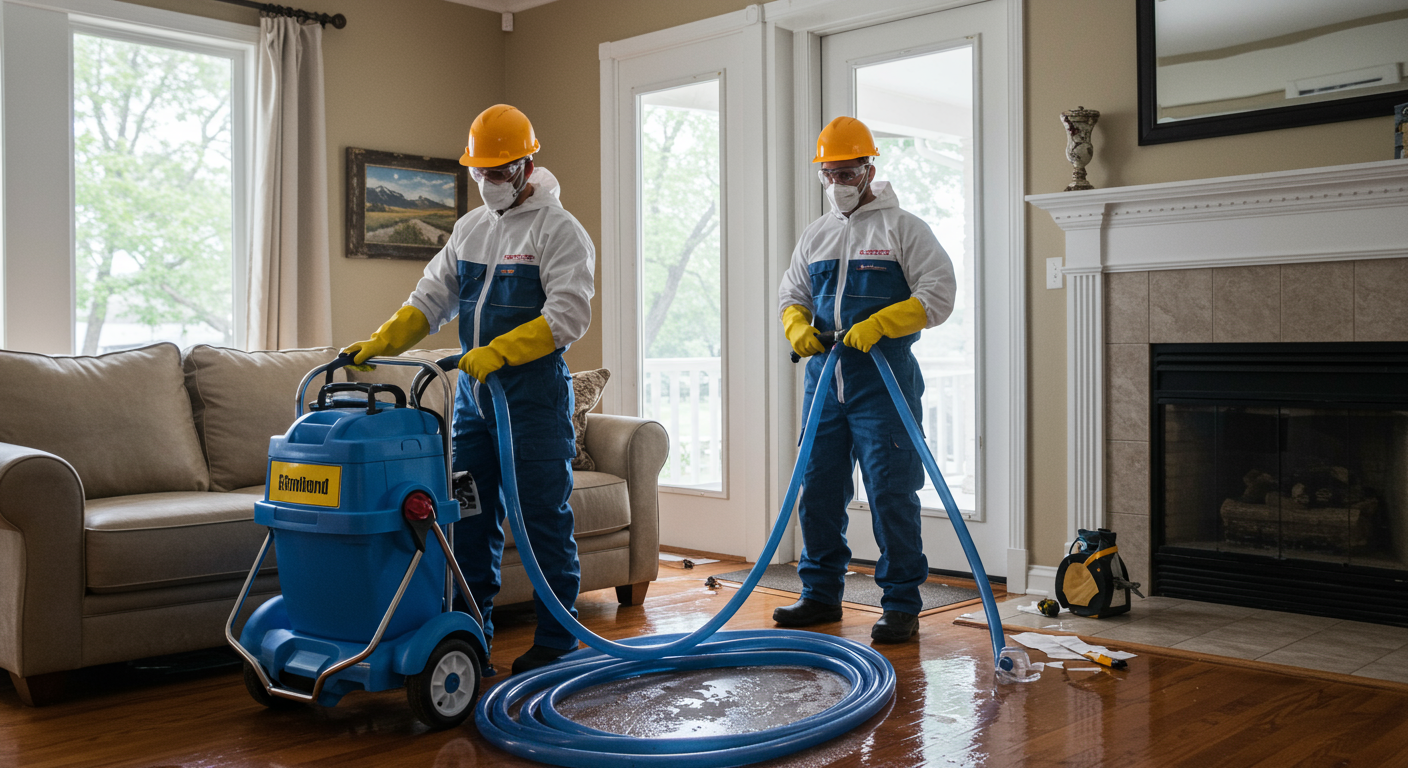 A professional restoration team in action, wearing safety gear, working on water damage cleanup in a residential home.