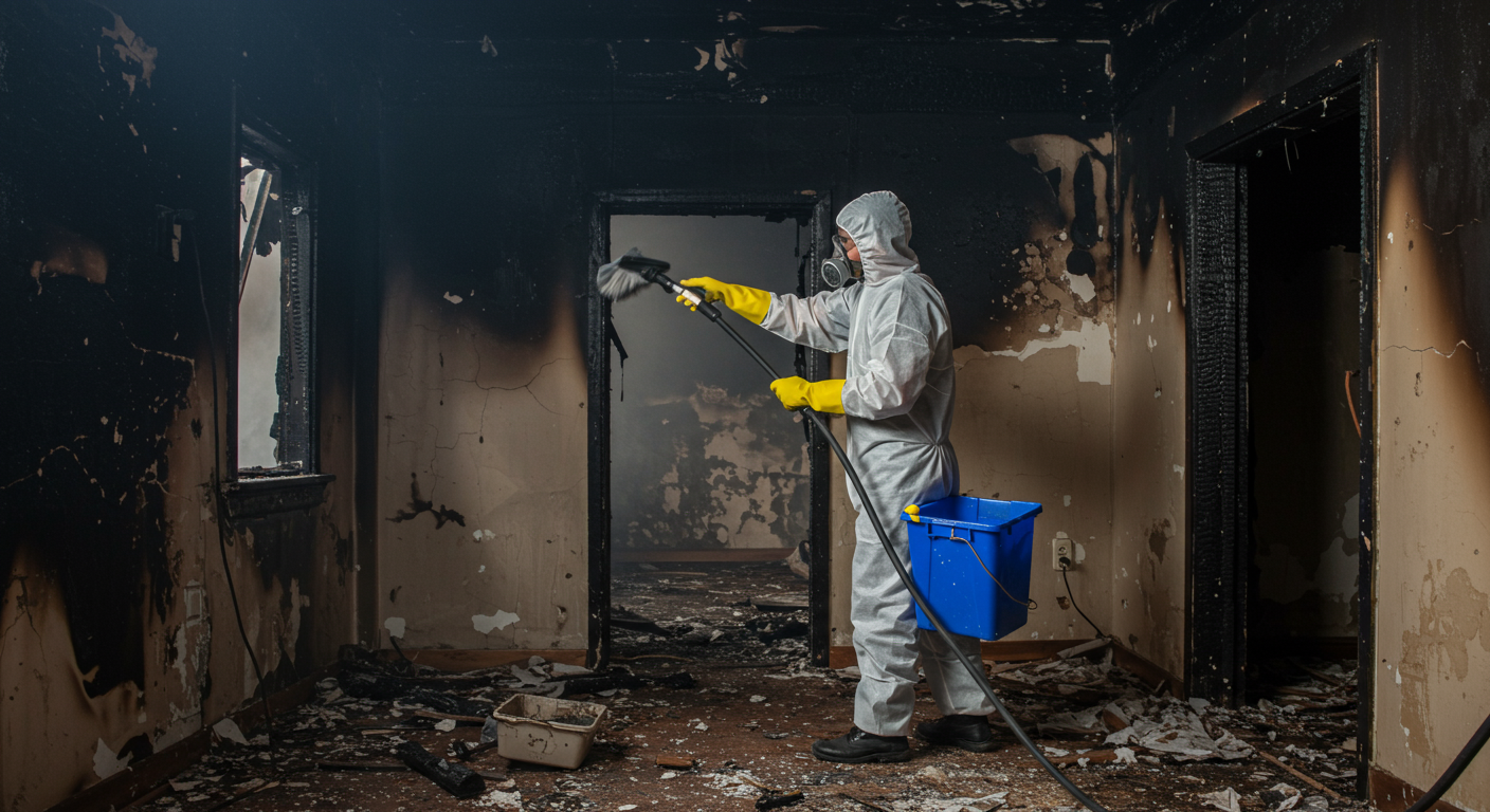 A professional cleaner in protective gear working on fire damage restoration in a charred room. The cleaner is using specialized tools to clean soot and debris from walls and surfaces.