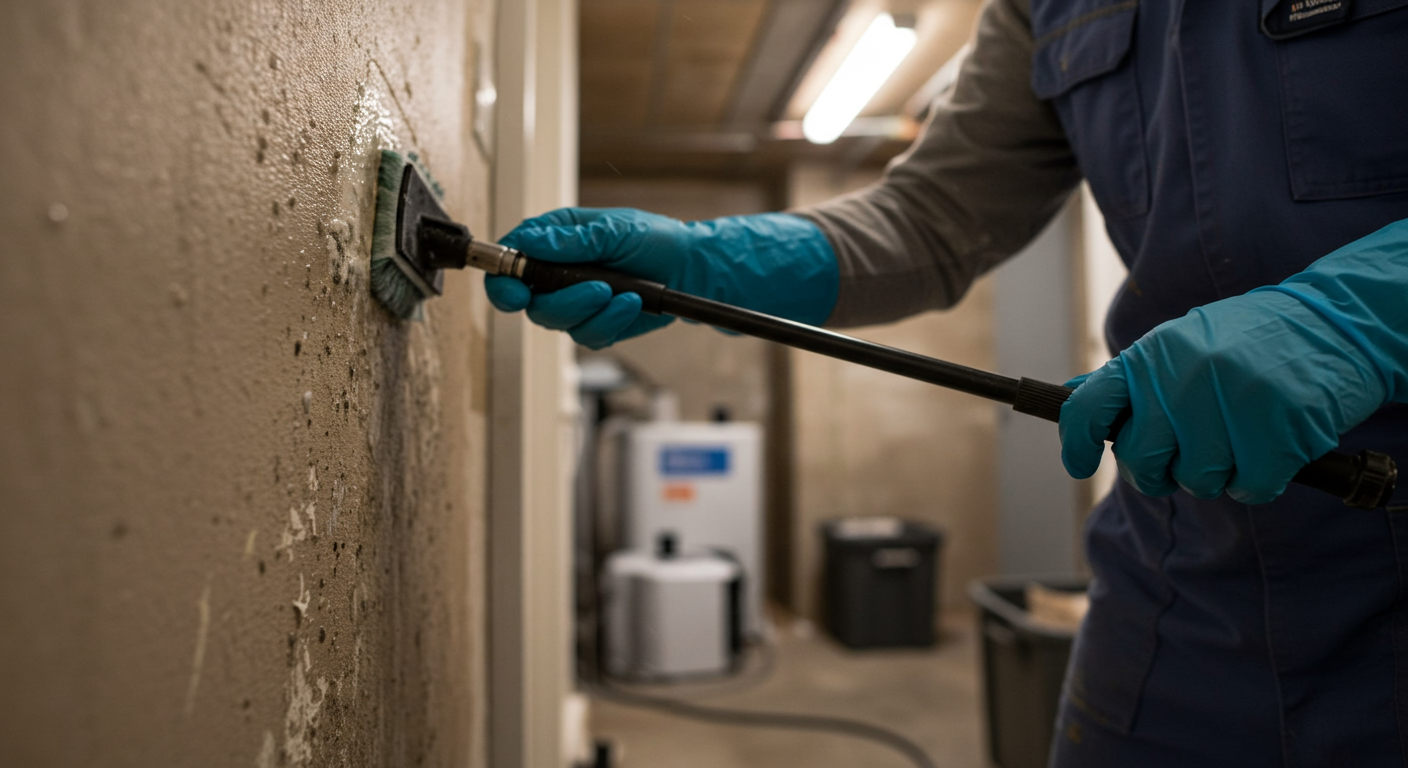 A close-up of mold remediation in a residential basement. A technician wearing protective gear is scrubbing mold off a wall, with dehumidifiers and air scrubbers visible in the background.