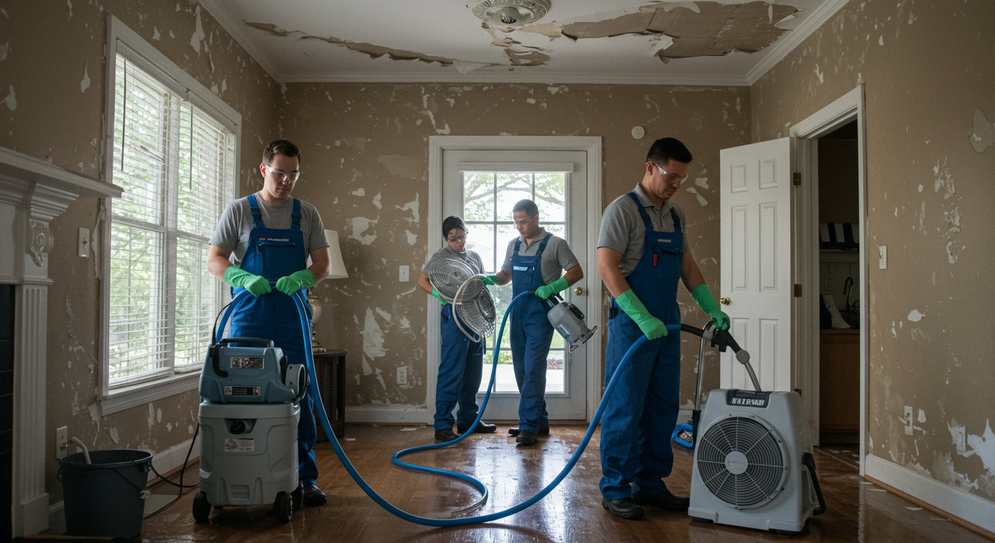 A professional restoration team actively working on water damage in a residential home. The scene includes technicians in uniforms using advanced restoration equipment like water extractors and drying fans. The background shows a partially flooded room with visible progress being made.