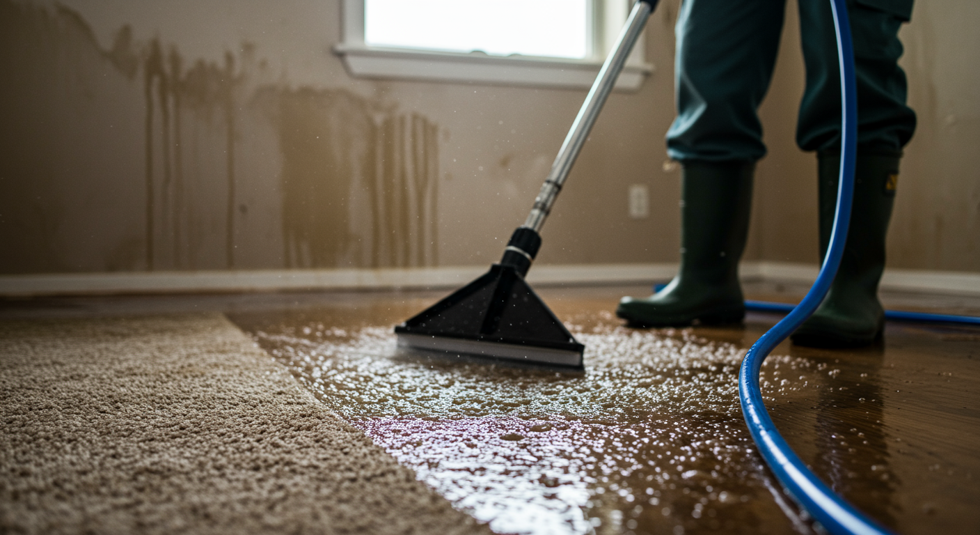 A close-up of a technician using a water extraction machine on a soaked carpet. The background shows a partially flooded room with water stains on the walls, emphasizing the urgency of the restoration process.