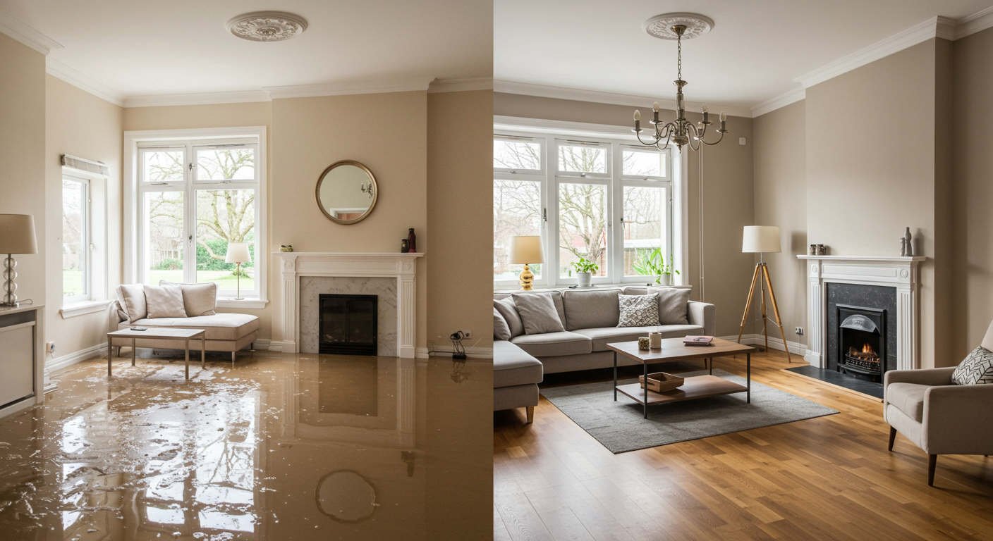 A split image showing a flooded living room on one side and the same room beautifully restored on the other. This visual contrast highlights the effectiveness of flood restoration services.