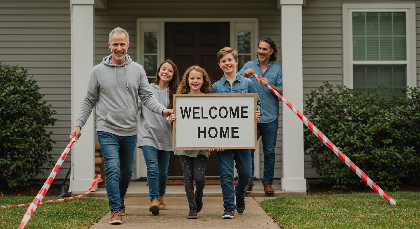 A family happily returning to their restored home after a disaster, with a restoration professional handing them a 'Welcome Home' sign. The scene conveys relief and gratitude.