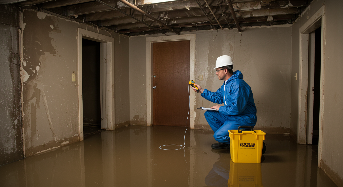 A professional flood remediation technician inspecting a flooded basement, with water damage visible on the walls and floor. The technician is using a moisture meter to assess the extent of the damage.