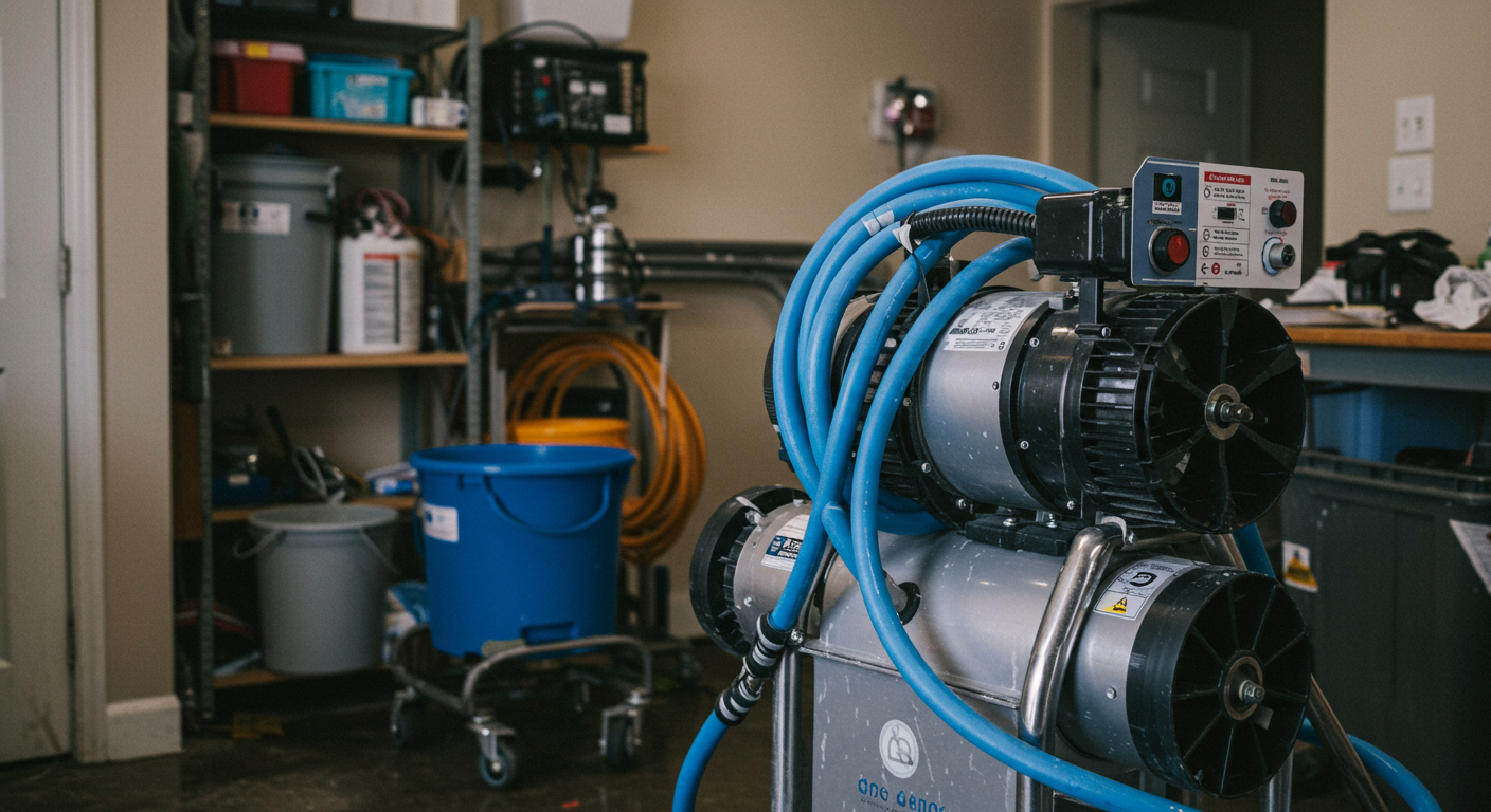 Close-up of restoration equipment, such as water extraction machines and air movers, being used in a home affected by water damage. The setting is a well-lit, organized workspace.