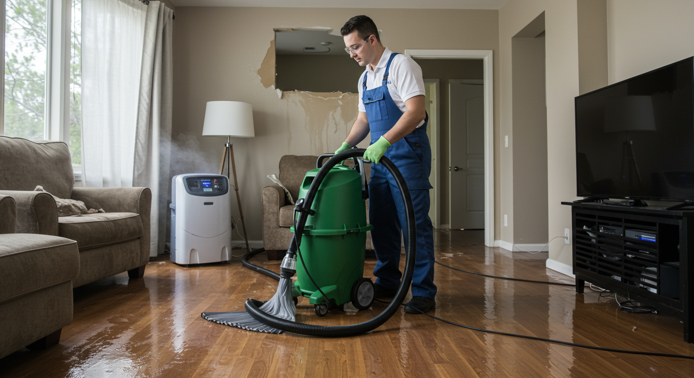 A professional restoration technician in uniform using advanced water extraction equipment to remove water from a flooded living room. The room has visible water damage on the floor and furniture, with a dehumidifier running in the background.