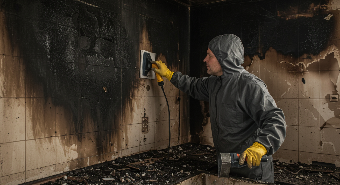 A restoration expert cleaning soot from a fire-damaged wall in a kitchen, with visible smoke stains and charred areas being repaired.