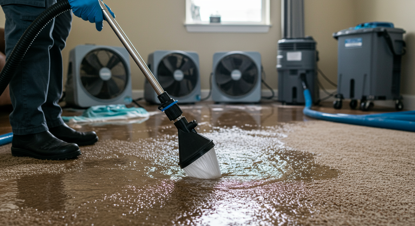 A close-up of a technician using advanced water extraction equipment on a flooded carpet in a residential home. The background includes a partially dried area with fans and dehumidifiers running, showcasing the restoration process.