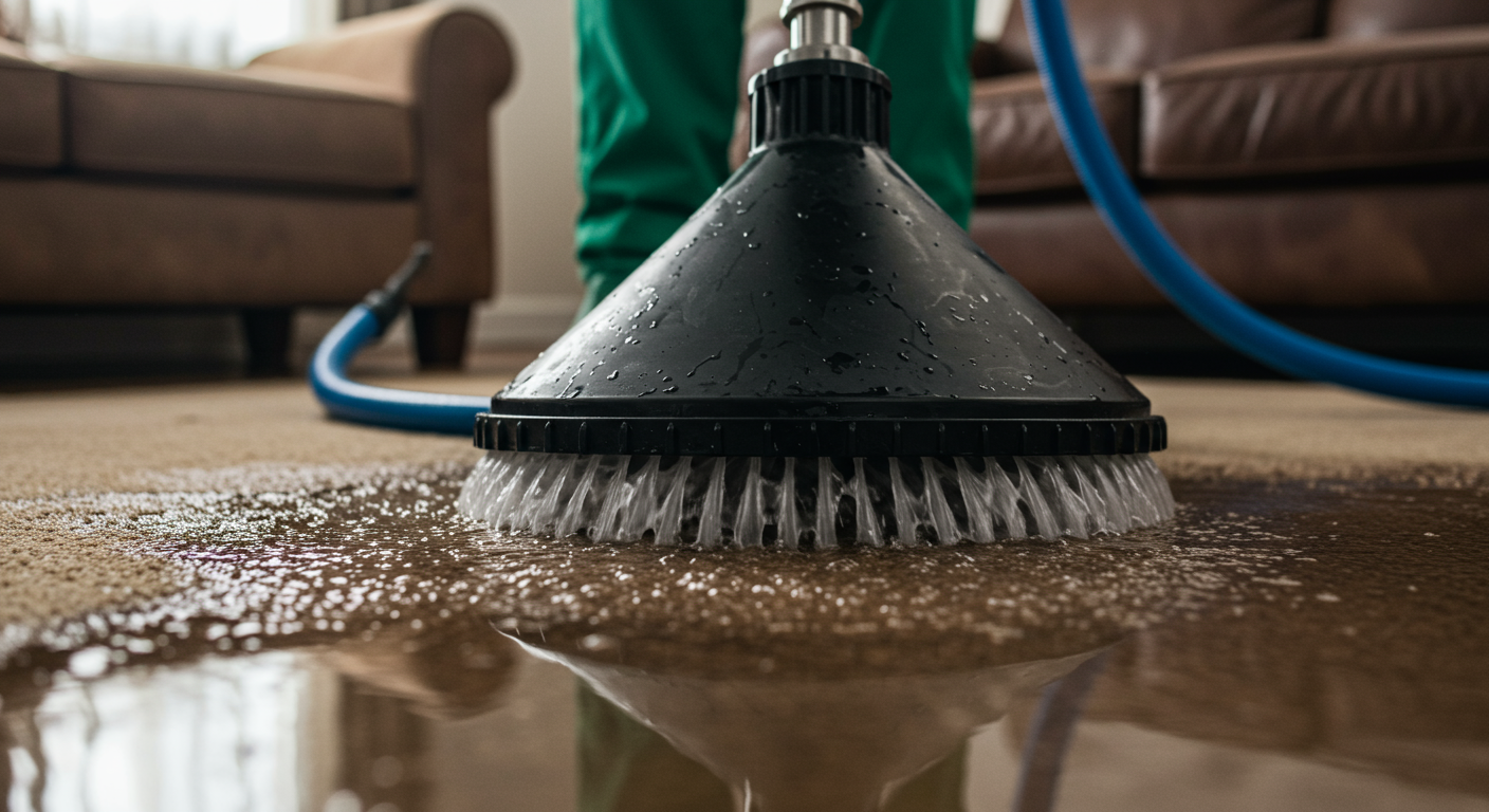A close-up of a technician using a water extraction machine on a flooded living room carpet. The water is visibly being removed, and the technician is wearing protective gear.