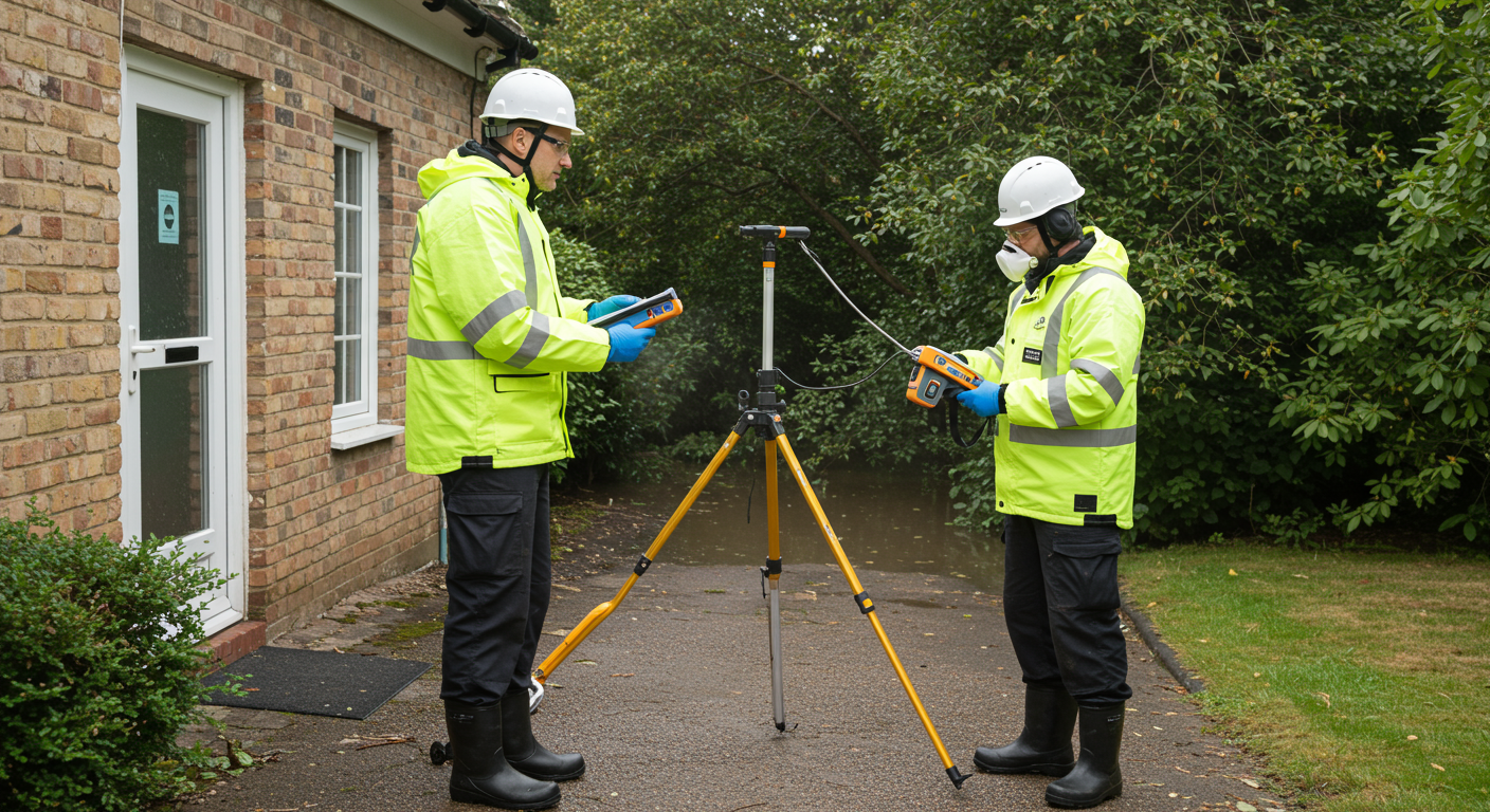 A professional water damage restoration team in action, wearing safety gear while assessing a flooded residential area. The team is using advanced equipment to measure moisture levels.