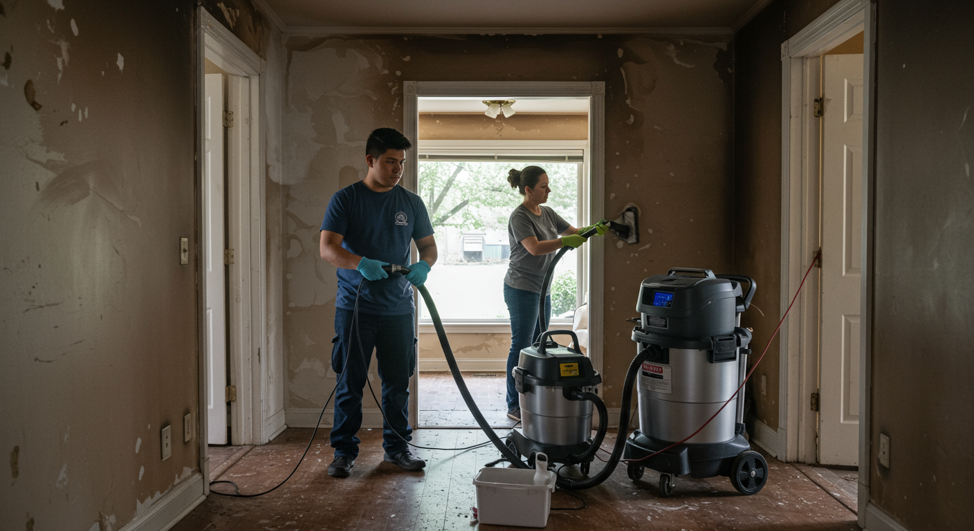 A team of fire restoration professionals in action, using specialized equipment to clean smoke damage from walls in a residential setting.