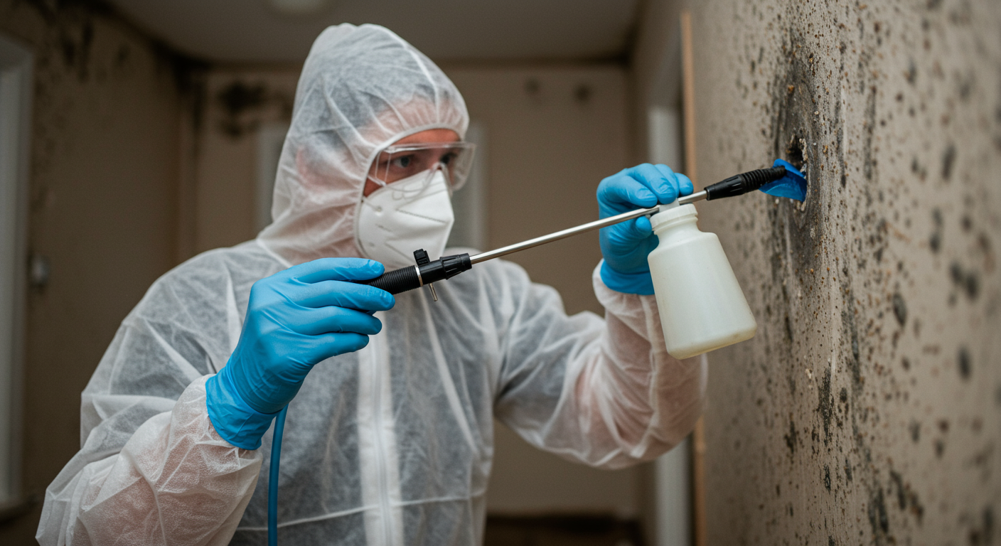 Close-up of mold remediation in progress, showcasing a technician in protective gear applying a mold treatment solution to affected areas in a home.