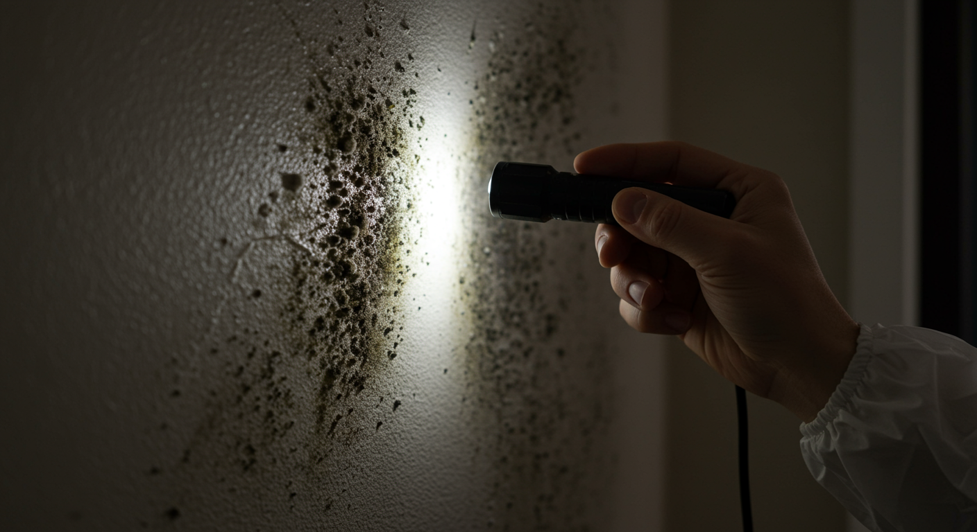 A close-up of a technician inspecting a wall for mold growth, with mold visible on the surface. The technician is using a flashlight to illuminate the affected area, emphasizing the importance of thorough inspection.