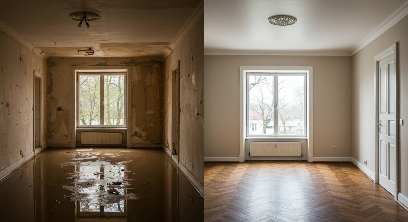 A split image showing a flooded room on one side and the same room fully restored on the other. The transformation highlights the effectiveness of the restoration services.