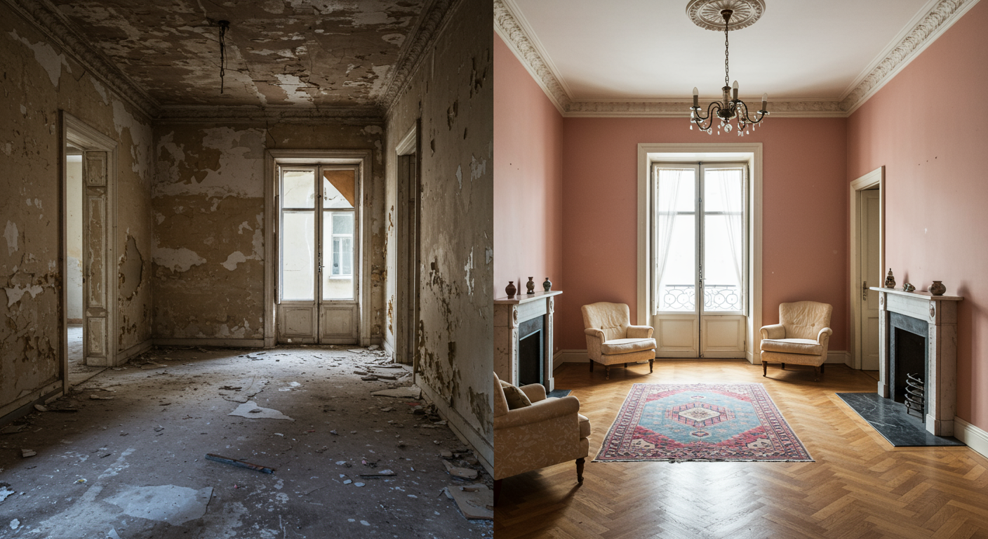 A split image showcasing a room before and after restoration, highlighting the dramatic transformation from damage to a restored state.