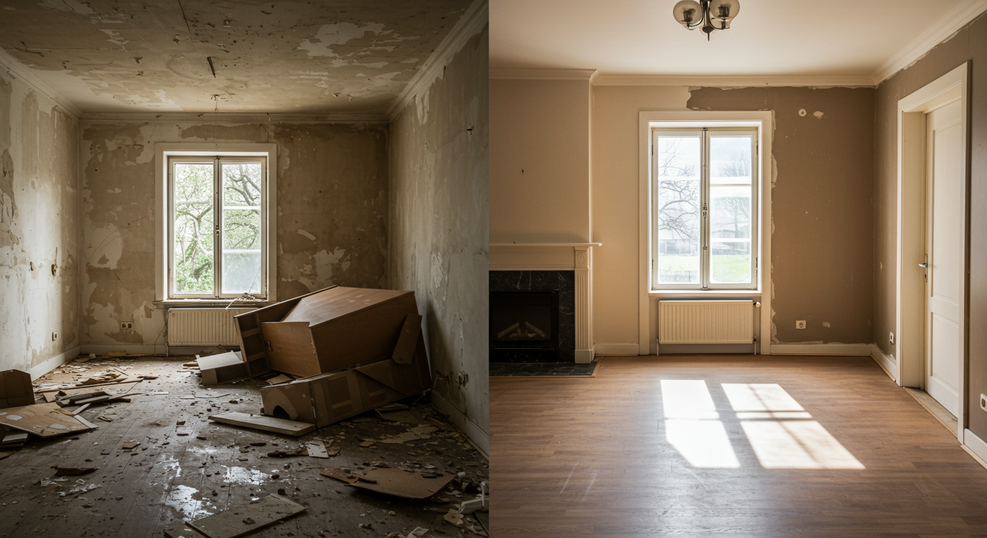 A split image showcasing a room before and after disaster restoration, highlighting the transformation from damage to a clean, restored space.