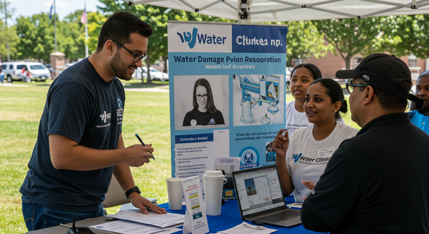 A water damage restoration contractor engaging with local residents at a community event in Calumet City. The contractor is providing information about water damage prevention and restoration, showcasing their commitment to the community.