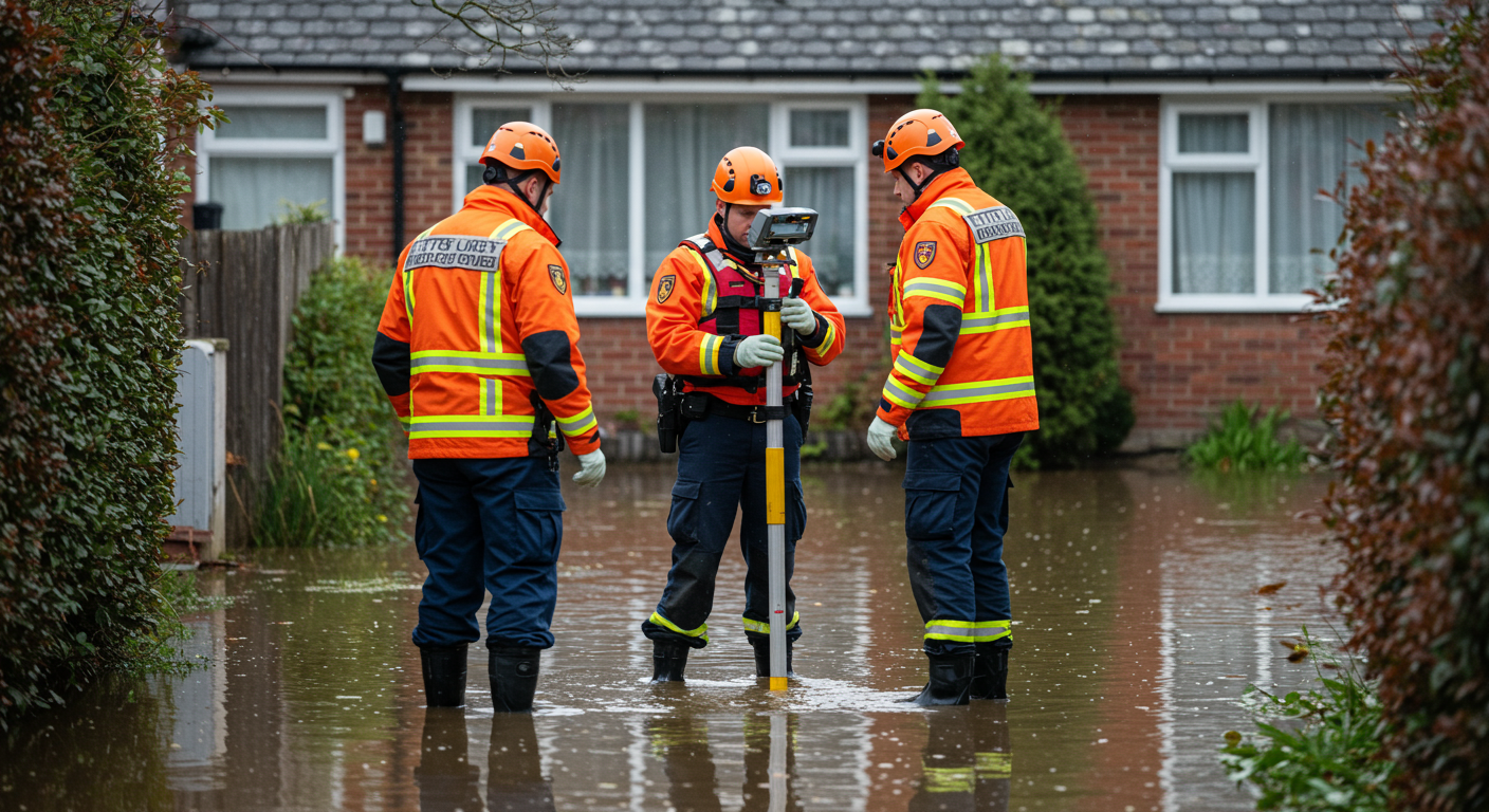 A professional emergency response team in action, wearing safety gear, assessing a flooded residential area. They are using equipment to measure water levels and document damage.