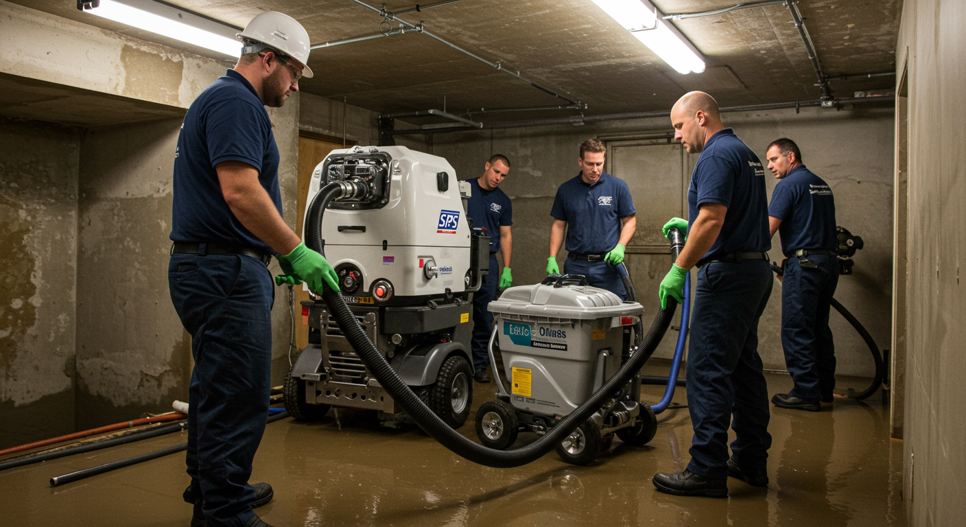 A team of professional restoration technicians in action, using advanced equipment to extract water from a flooded residential basement. The technicians are focused and working collaboratively, showcasing their expertise in emergency response.