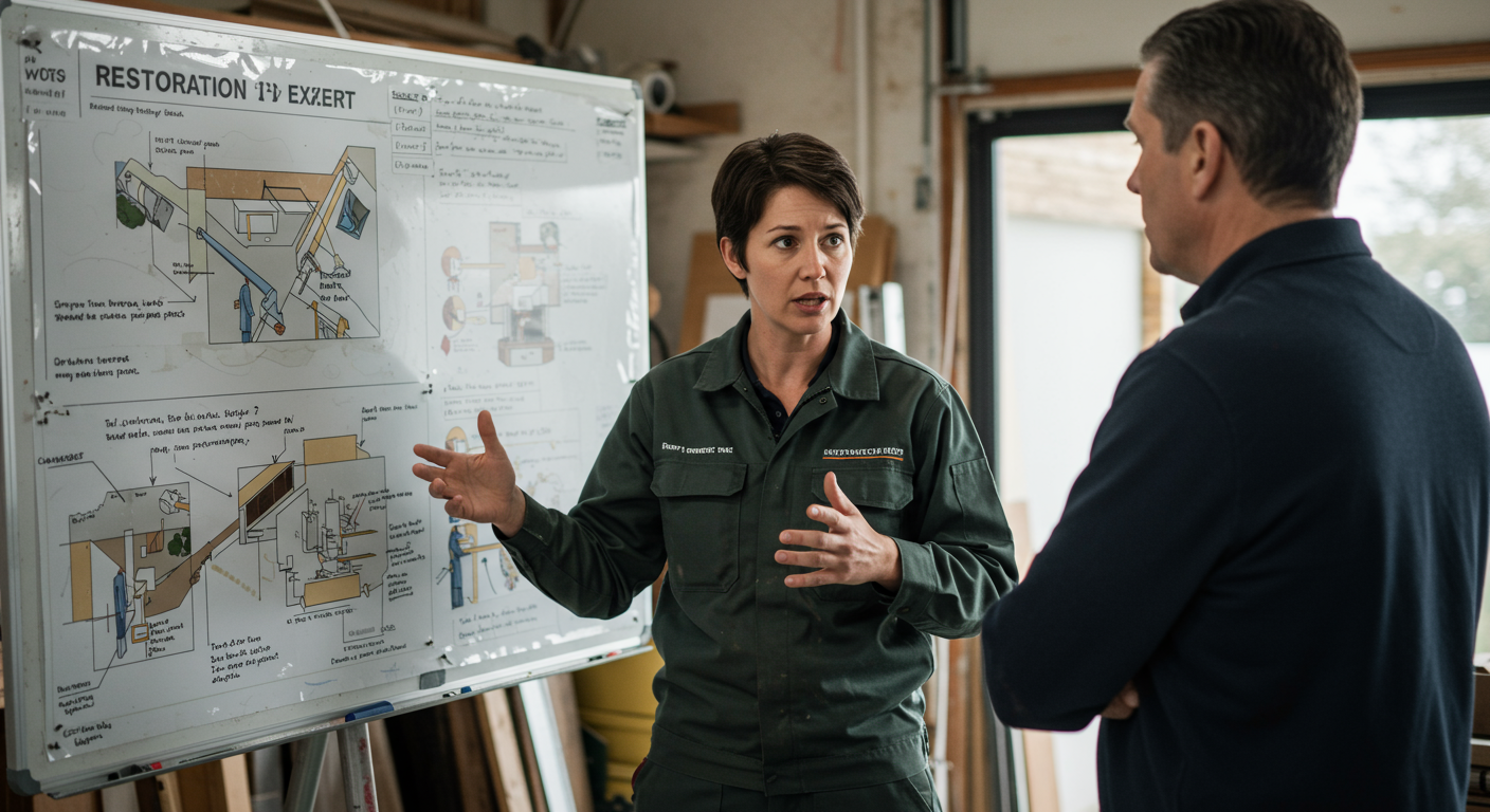 A restoration expert explaining the restoration process to a concerned homeowner, with visual aids and diagrams in the background.