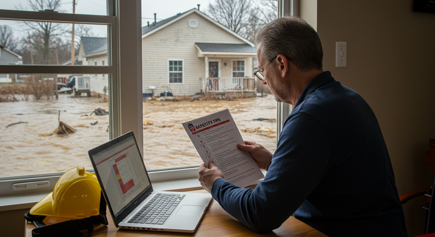 A homeowner reviewing a checklist of safety tips during a flood emergency. The setting includes a flooded area outside the window, emphasizing the importance of preparedness and quick action.