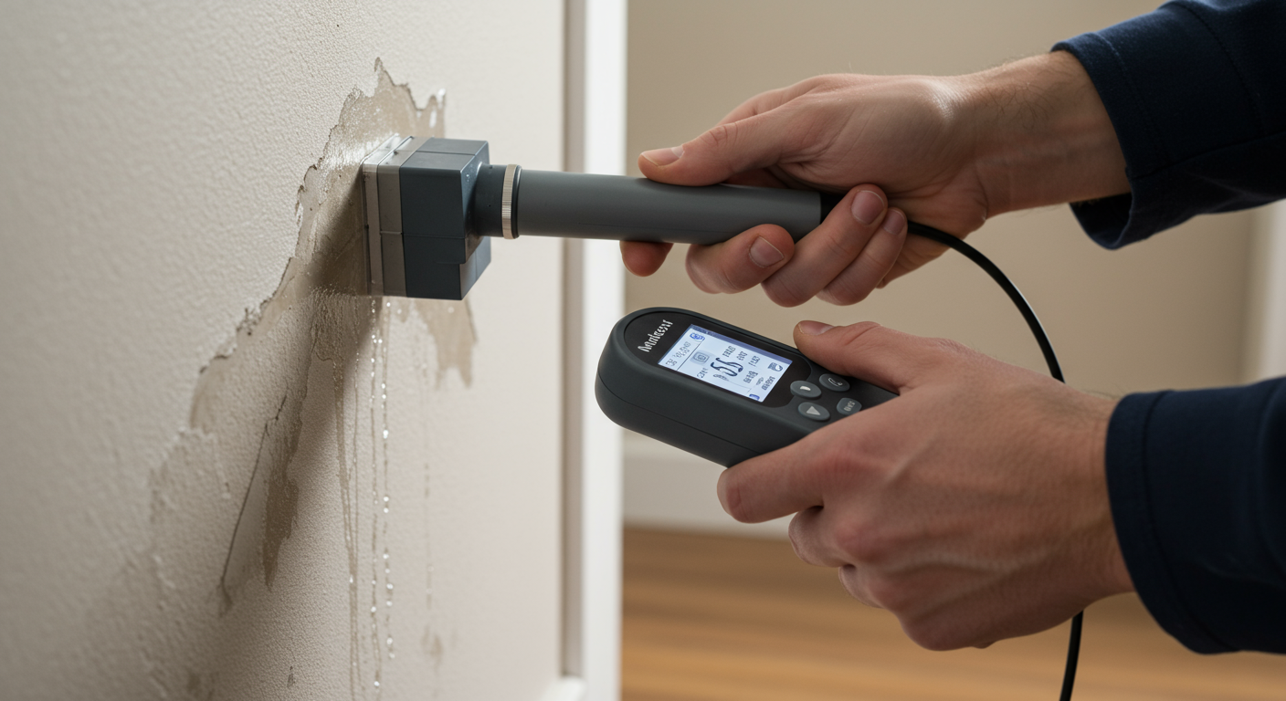 Close-up of a technician's hands using advanced equipment to detect moisture in walls during a water damage assessment.