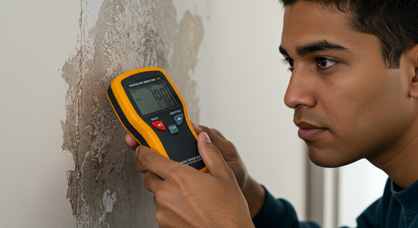 A close-up of a technician inspecting a wall for water damage, using a moisture meter to assess the situation.