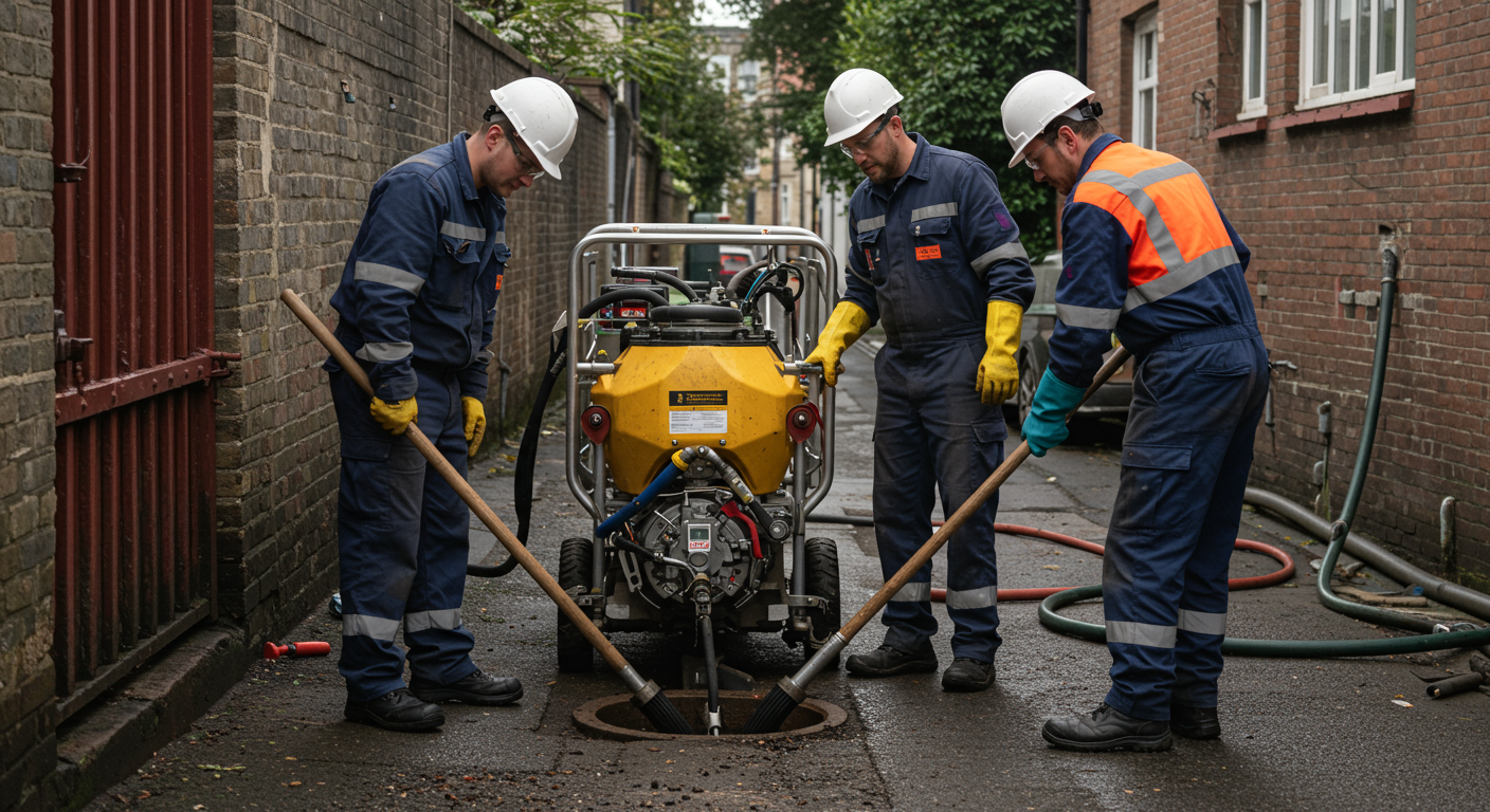 A team of professional sewage cleaners in uniform, actively engaged in cleaning a sewer line with specialized equipment. The scene captures their focused expressions and teamwork.