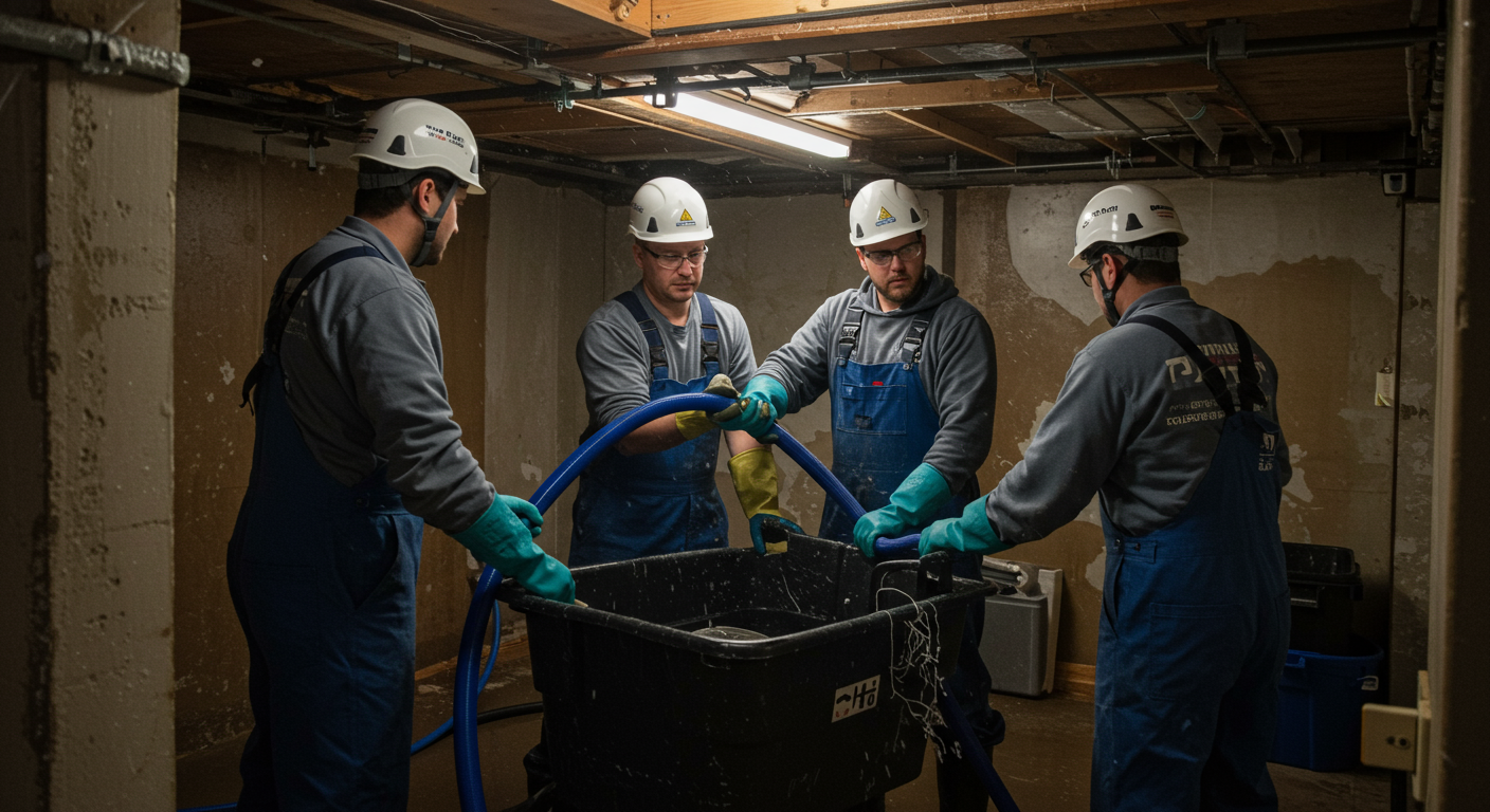 A restoration team working together to remove water from a basement, showcasing teamwork and efficiency. The setting is dynamic, with visible water extraction in progress.