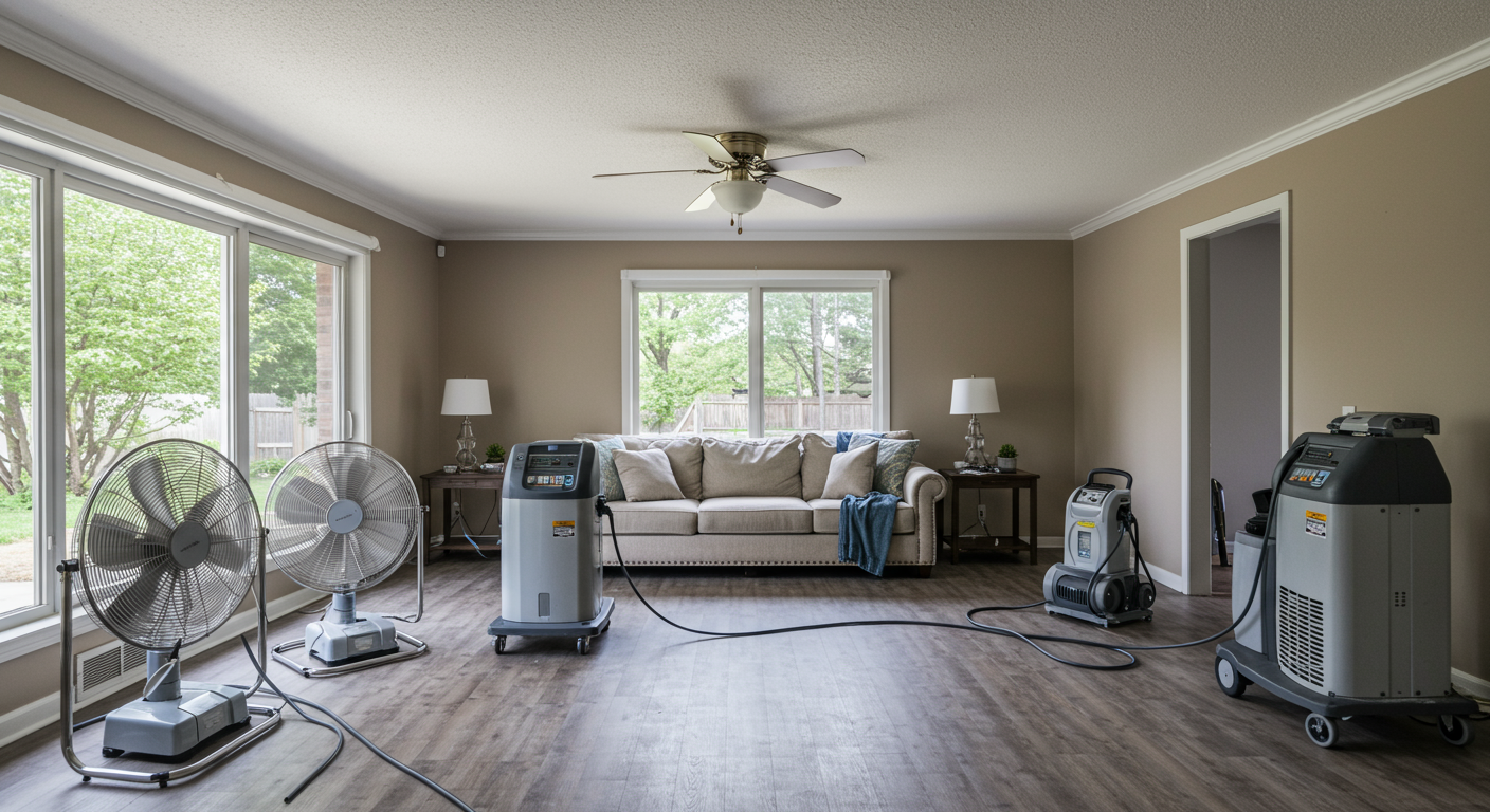 A wide shot of a living room with industrial fans and dehumidifiers set up to dry the space after water damage. The room appears organized and professional, showcasing the advanced equipment used in the restoration process.