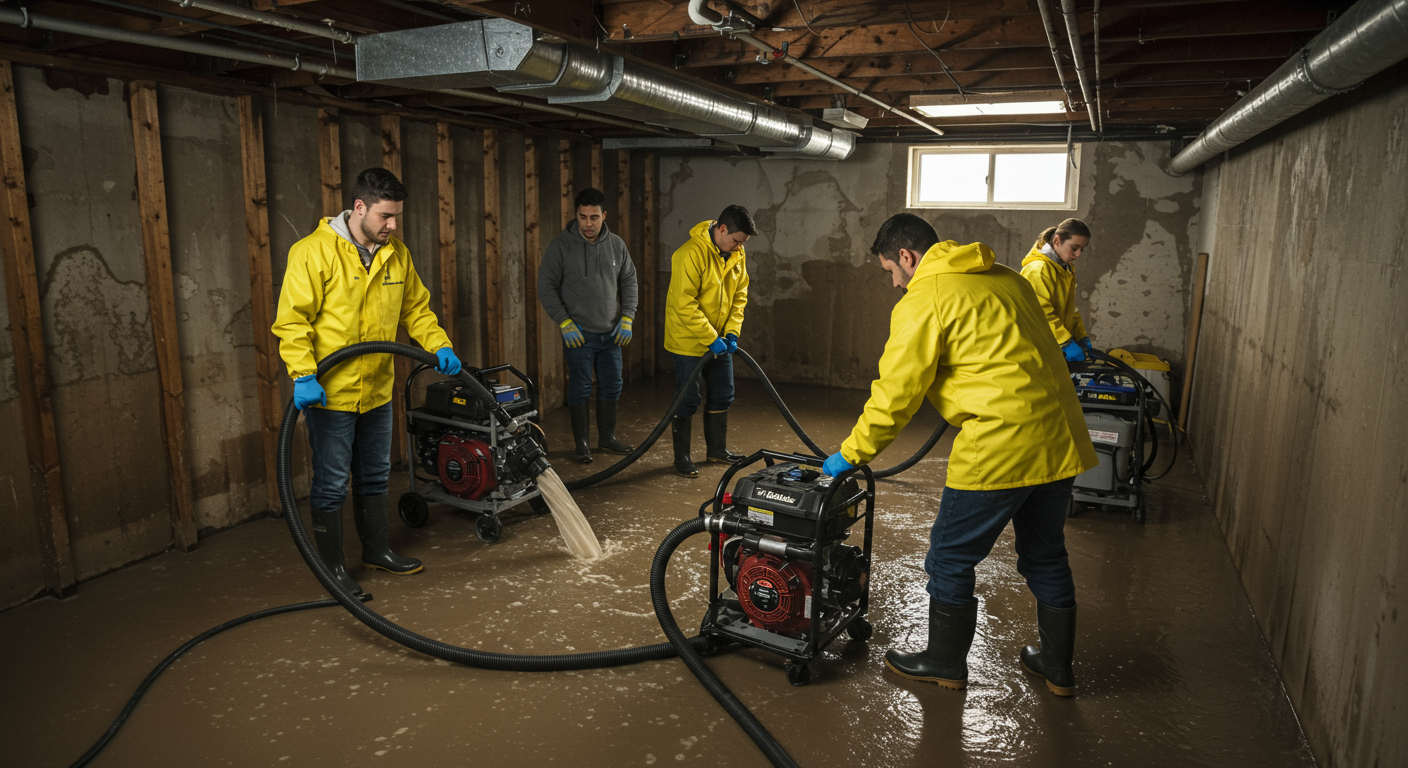 A team of restoration professionals working together to remove water from a flooded basement, showcasing teamwork and efficiency.