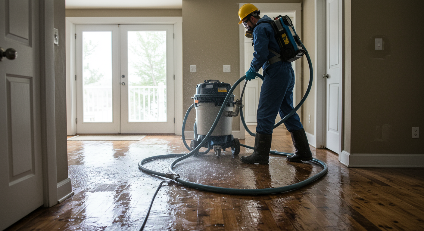 A professional restoration technician in action, wearing safety gear, working on a water-damaged home. The technician is using advanced equipment to extract water from the floor, showcasing the urgency and professionalism of the service.