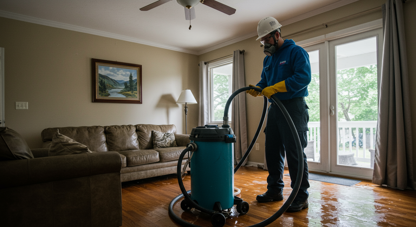 A professional technician in protective gear is seen using advanced equipment to extract water from a flooded living room. The focus is on the technician's determined expression as they work diligently to restore the home.
