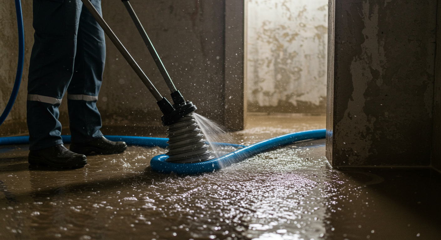 Close-up of a professional using a water extraction machine in a flooded basement, with water visibly being removed from the floor.