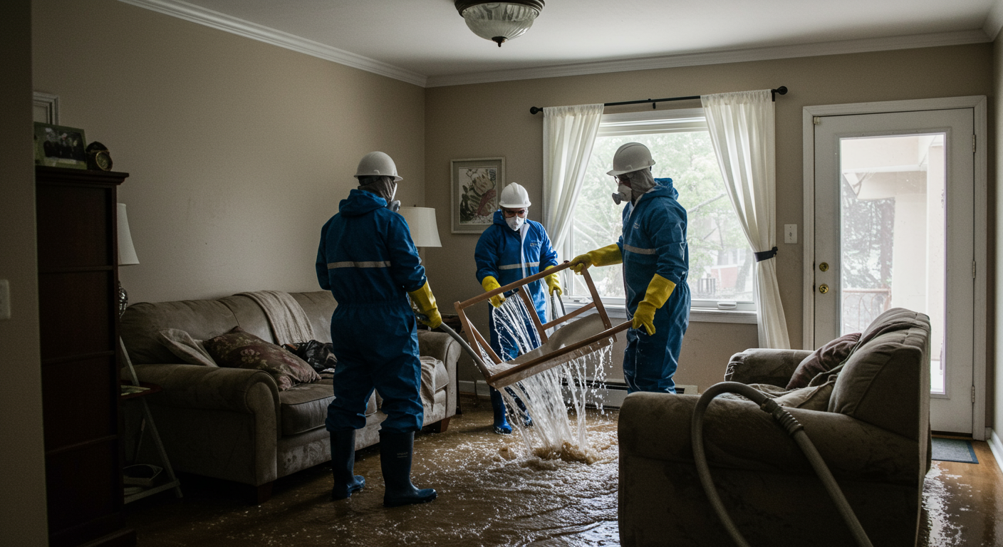 A team of professionals in protective gear actively extracting water from a flooded living room. The scene shows water being pumped out, with furniture and personal items being carefully moved to safety.