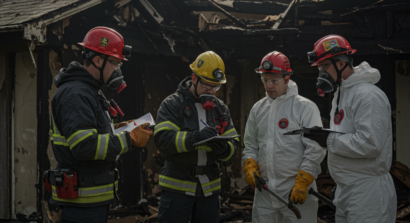 A team of fire restoration professionals in protective gear actively assessing a fire-damaged home. They are examining the damage with tools and taking notes.