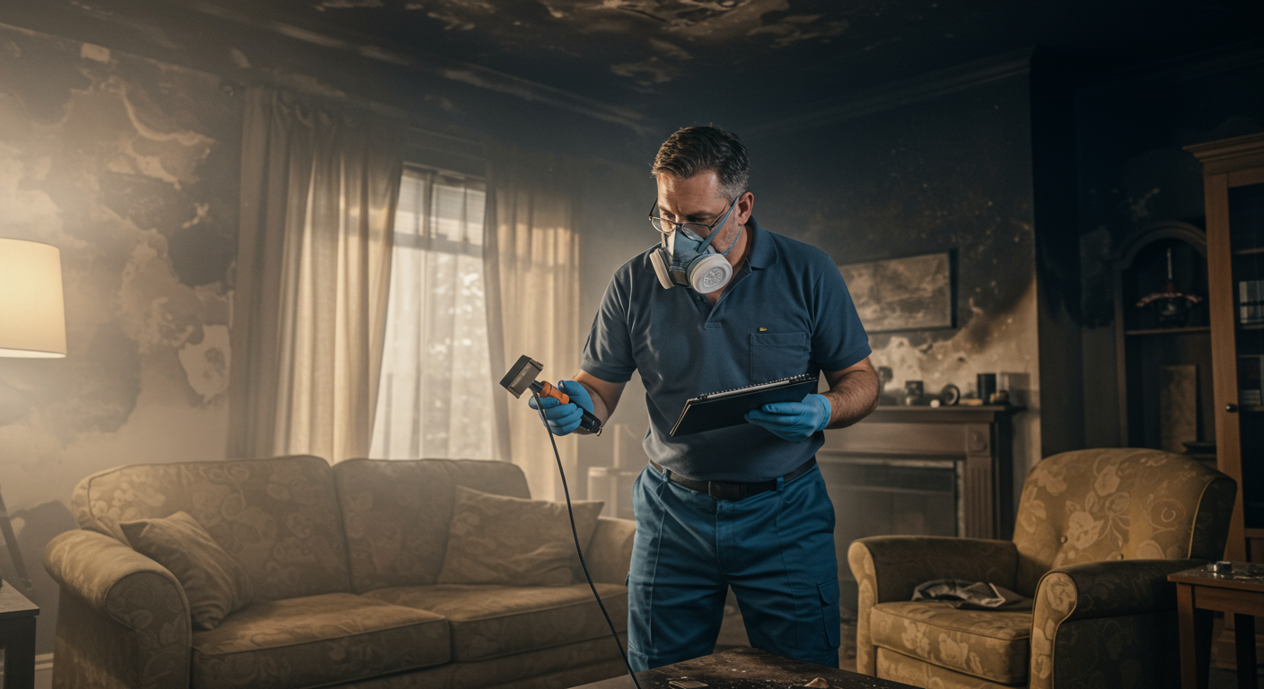 A professional restoration expert inspecting a living room affected by smoke damage, with visible soot on the walls and furniture.